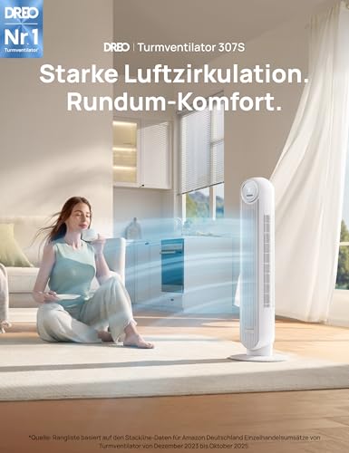 Dreo Smart 20dB Leiser Turmventilator, 10 m Wurfweite 4 Geschwindigstufen 4 Modi 8 Std. Timer 90° oszillierende Ventilator mit Kühlung WLAN & Fernbedienung für Schlafzimmer, Nomad OneS, Weiß 3