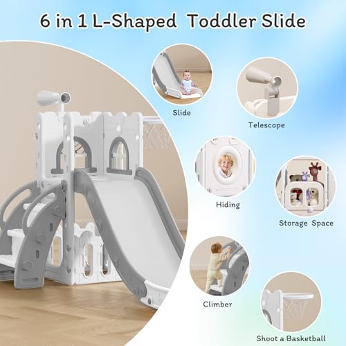 MOCUTEEN 6 in 1 Toddler Slide,Baby Playset for Indoor Outdoor Playground with Basketball Hoop,Storage and Telescope,Climbing Toys for Toddler Playground Playset by MOCUTEEN - Image 2
