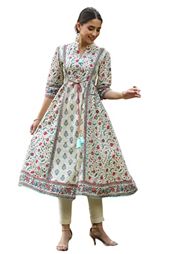 Image of Juniper Beige Floral Printed Pure Cotton Flared Kurta.