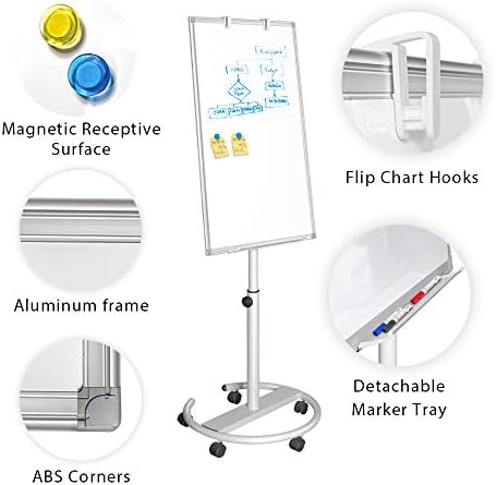 Mobile Whiteboard  90 x 60 CM Portable Magnetic Dry Erase Board Stand Easel White Board Dry Erase Easel Standing Height Adjustable Board with Flipchart Hooks
