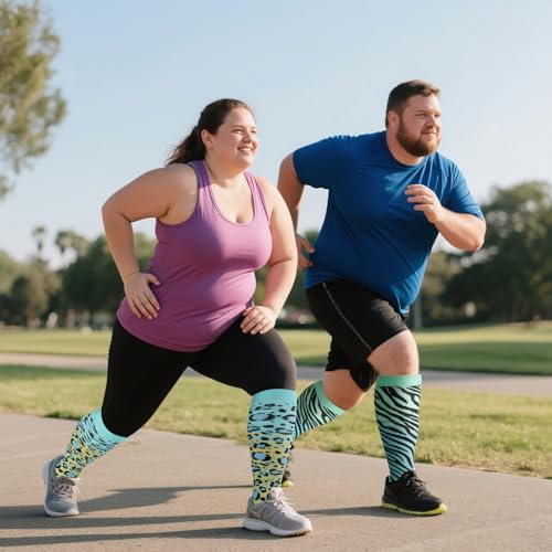 Image of 4 Pairs Plus Size Compression Socks,Extra Wide Calf 20-30 mmHg Knee High Compression Socks for Men Women Circulation