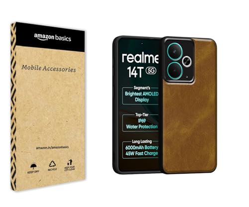 Image of amazon basics Back Cover for Realme 14T 5G | Ultra Slim Soft Rubberised Case | Oil Feel Soft Leather Back | Camera Protection - Tan Brown
