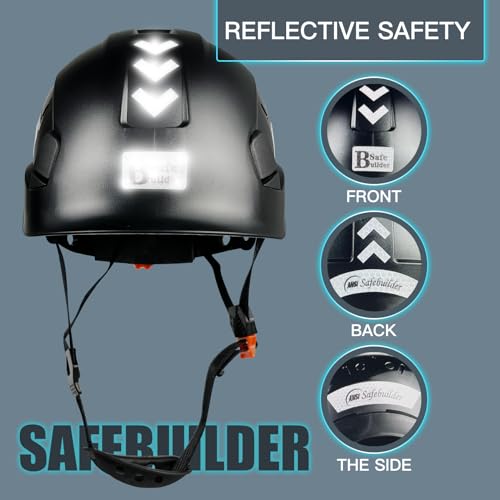 SAFEBUILDER Safety Hard Hat for Engineer Vented ABS Construction Hardhats Lightweight Safety Helmet for Men & Women Industrial Adjustable Ratchet 6-Point Suspension ANSI Z89.1 (Black Hard Hats)