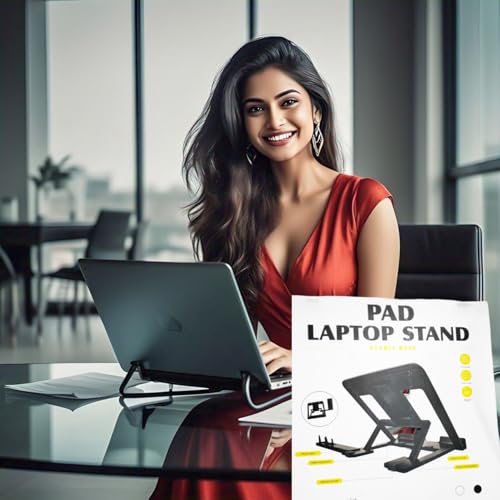Image of Global Impex Adjustable Laptop Tabletop Stand Patented Riser Ventilated Portable Foldable Compatible with MacBook Notebook Tablet Tray Desk Table Book with Free Phone Stand (Black)