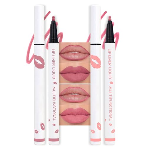 Image of 2Pcs Longwear Liquid Lip Liner Stain Marker Pen Set Long Lasting Waterproof, Dusty Warm Pink Matte Semi Permanent 24 Hour Lip Liner and Lipstick Combo, Color Stay Lipliner All Day, Lips Stain peel off