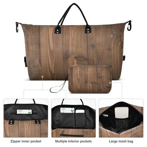 ​​Large Foldable Travel Duffel Bag, Waterproof Gym Bag for Men & Women, Carry-On Luggage Weekender Overnight Bag, Brown Wooden Texture2