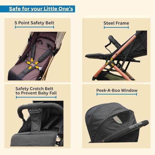 Image of Chipzzie Travel Mate Baby Stroller - Pre-Installed, Lightweight, Compact & Travel-Friendly | One-Hand Fold | Full Recline & 5-Point Harness | Newborn to Toddler (0-3 Yrs) | Elegant Rose Gold Frame - Brown /Khaki