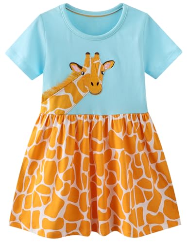 FreeLu Girls' Cotton Short Sleeve Dresses Cute Stripe Cartoon Patterned Casual Sundress