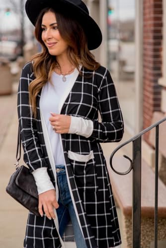Women's Black Plaid Colorblock Edge Open Cardigan with Pockets3