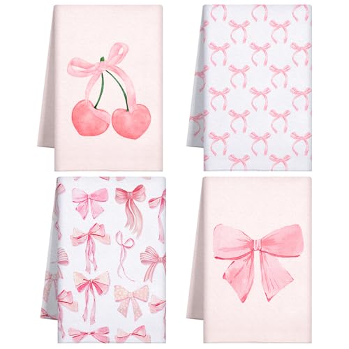 Macarrie 4 Pcs Pink Bow Coquette Kitchen Towels Trendy Cute Pink Hand Towels Coquette Bow Gifts Preppy Microfiber Kitchen Supplies for Hostess Housewarming 18 x 26 in