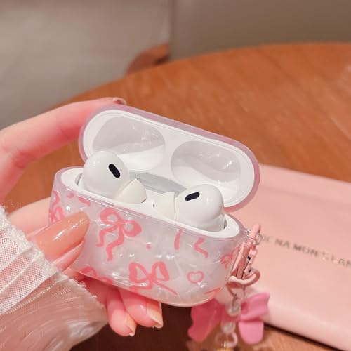 Image of MINSCOSE for Cute Glitter AirPods Pro 2nd /1st Generation Case,Shell Pattern Bow Ribbon Trendy Design with Bowknot Pearl Keychain,Protective Shockproof Cover for Airpods Pro /Pro 2-Pink