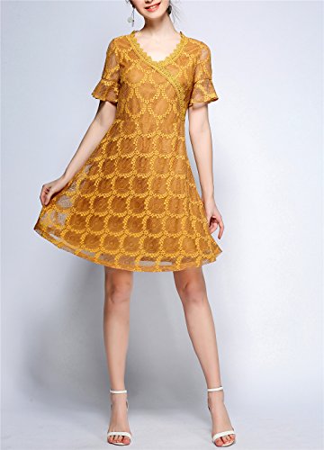 L&M Floral Lace Dress with Short Sleeves for Women in Yellow or Gold