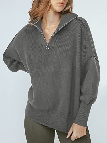 Image of ANRABESS Womens Oversized Quarter Zip Pullover Sweaters | Fall Fashion Outfits, Long Sleeve Slit Side, Baggy Loose Fit, 1 /4 Zip Lapel Collared, Ribbed Knit Soft Warm Winter Clothing
