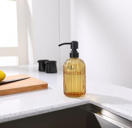 Image of 16 OZ Amber Glass Soap Dispenser, Amber Stripe Bathroom Hand Soap Dispensers with Stainless Steel Matte Black Pump,Brown Glass Kitchen Hand Soap Dispenser with Matte Black Pump