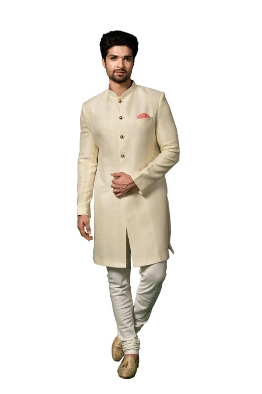 kisah Men's Silk Blend Textured Woven Sherwani Set | Wedding Groom Festive Traditional Occasions-picture-35