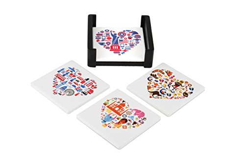 Planet Ethnic World Explorer (Usa Uk India Australia) Designer Ceramic Coaster Set (4 Coasters, Each Almost 4 X 4 Inches) With Matching Wooden Coaster Holder Packed In Beautiful Gift Box. #TOP4