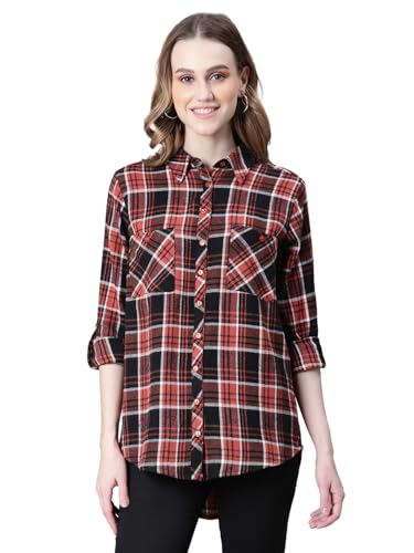 Image of oxolloxo Women Check Print Collared Long Sleeve Cotton Shirt