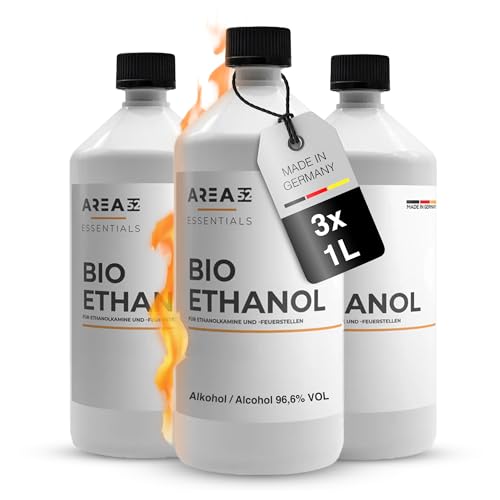 Area52 Bioethanol 3x1L Set Ethanol Reiner Ethylalkohol mit 96 6% Reinheitsgrad Für Ethanolkamine Tischkamine & Bioethanol-Feuerstellen Geruchslos & rußfrei Für Indoor & Outdoor (3 x 1L)