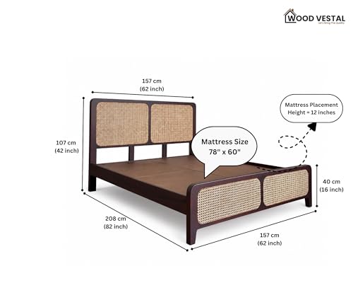 Image of Wood Vestal Sheesham Wood Bed with Cane Rattan Headboard & Footboard, Solid Wood in Walnut Finish, Modern Design | Queen Size - (78 inchx60 inch) | Without Mattress & Side Tables | Low Highted | CN - 5' - D