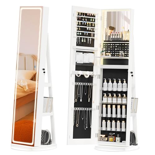 TJYGO LED Mirror Jewelry Cabinet Standing, Swivel Jewelry Armoire with Full Length LED Mirror and...