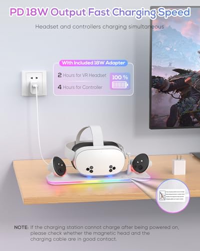 Charging Dock for Meta Quest 3S/Quest 3, Kinwin PD 18W Fast Charging Station for Oculus 3S Accessories with RGB Light, Magnetic Charger Stand for Headset/Controller with 2 Rechargeable Batteries - Image 4