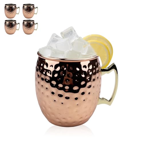 VELLUSTRA Moscow Mule Tazas, 4 piezas, 4 Tazas de Cobre Martillado(7.9cm*10cm) 550ml y 4 Pajitas Cobre (20cm), Acero Inoxidable Bañadas en Cobre Para Bebidas Frías, Vino, Bar y Fiesta