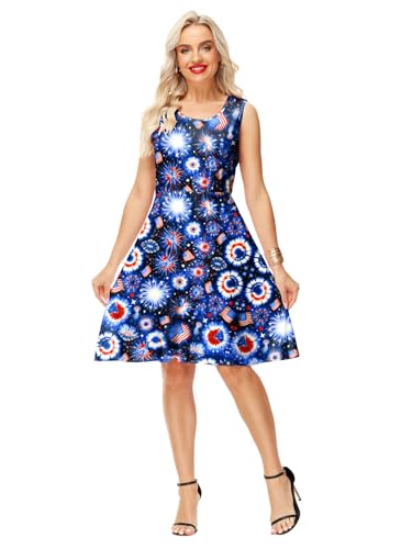 Image of Deerose 4th of July Dress for Women Sleeveless American Flag Patriotic Elastic High Waist Sundress