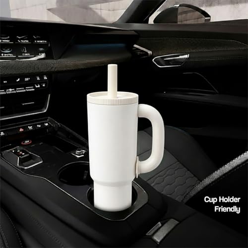 Image of House of Quirk 1200ml Stainless Steel Tumbler with Handle, Straw & Straw Cap | Leakproof Water Bottle | Large Capacity Travel Mug (Vanilla)