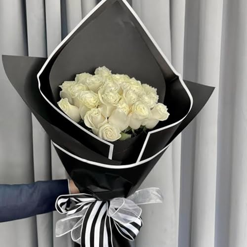 Image of Zarwani - 10 Sheets Korean Style Waterproof Black Bouquet Wrapping Paper (58cm x 58cm, 60 Microns) | White Border Design, Giftwrap for Flowers & DIY Gift Wrapping Paper (10, White Border Black)