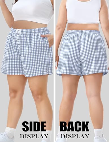 Image of COOTRY Plus Size Women Boxer Shorts Cotton Plaid Gingham Shorts Casual Pajama Sleep Shorts Y2K Beach Bottoms