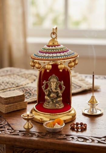 Image of Diamond Studded Metal Umbrella Chhatra for God Idol, Car Dashboard /Office Desk /Table /Home Decor Showpiece, Chatri Aasan for God Murti, Ideal Gift Item for Housewarming (No. 3)