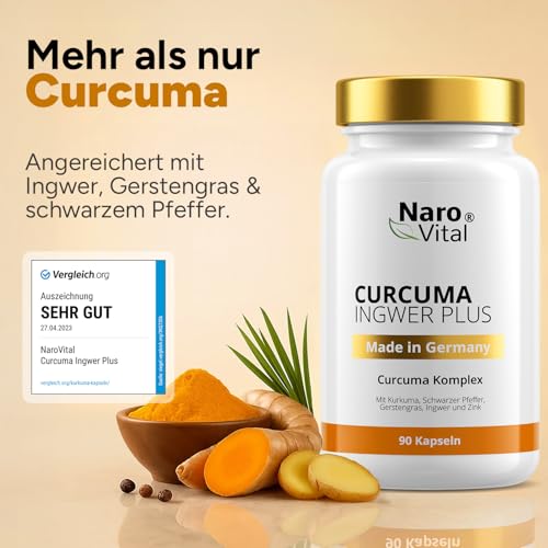 Kurkuma Ingwer Kapseln hochdosiert - Mit Curcuma Extrakt, Gerstengras, Kurkuma Pulver, Ingwer, Piperin, Curcumin - 90 vegane Kapseln - Alternative zu Tabletten