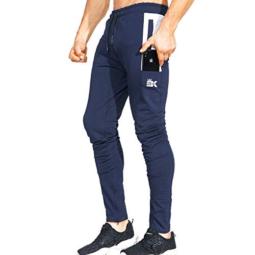 BROKIG Mens Workout Jogger Pants Gym Tapered Athletic Slim Sweatpants with Zipper Pocket(X-Large,Navy Blue)