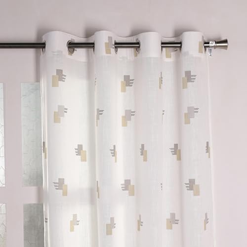 Image of HOMEMONDE Sheer Long Door 8 Feet Curtains 1 Piece - Printed Sheer Light Filtering Curtain with Eyelets - (96 Inches, Silver & Mustard)