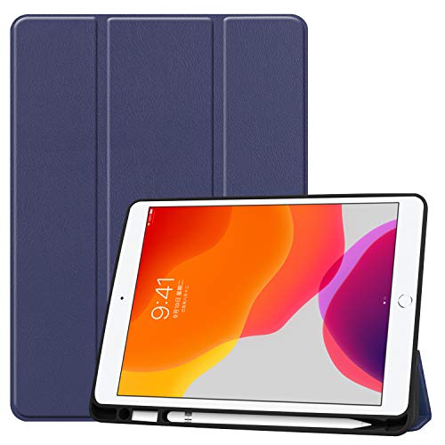 iPad 10.2 Case & Pencil Holder- Slim Tri-Fold Case for iPad 8th Gen 2020/ iPad 7th Gen 2019 Apple Tablet, with Microfiber Inner Lightweight Smart Cover Auto Wake/Sleep (Dark Blue)