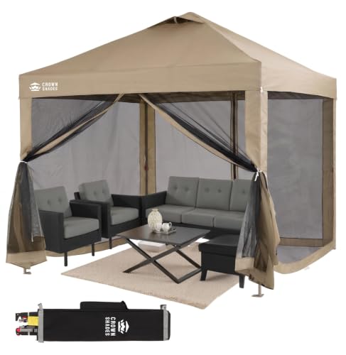 CROWN SHADES Gazebo 10x10 Pop Up Canopy with Mosquito Netting, Screen Tent with 4 Ropes, 8 Stakes, 4 Sandbags and Wheeled Storage Bag, Canopy for Patio & Backyard Parties,Camping&Events -(Beige)