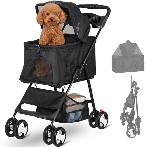 Pet Stroller for Dogs Black 4 Wheels Cat Strolling Cart Foldable Travel Carrier Waterproof Puppy Jogger Stroller with Storage Basket & Cup Holder product thumbnail 11