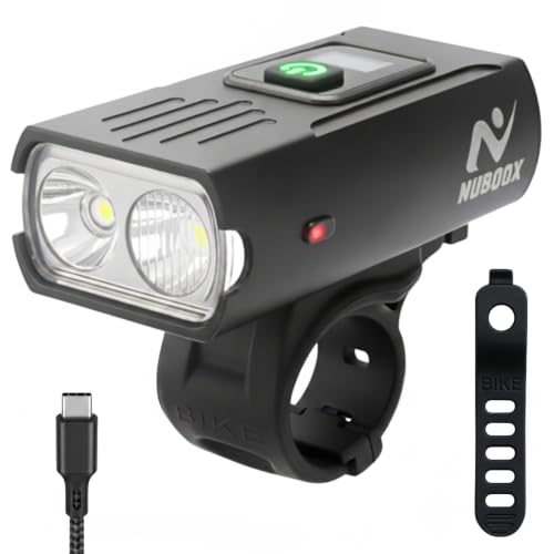 NUBOOX Luz Bicicleta Delantera Potente LED, Recargable USB-C y Ultraligera 95g. Linterna Frontal 1000 Lúmenes con Pantalla Digital, 6 Modos e Impermeable. Foco Bici Carretera, Montaña y Patinete