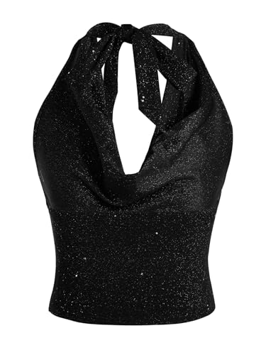 SOLY HUX Women's Sleeveless Sparkly Halter Top Cowl Neck Glitter Tank Shirts Party Clubwear2