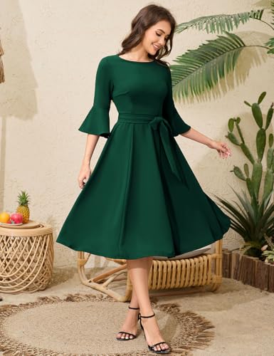 Image of HomRain Women's Church Dresses Modest Bell Sleeve Wedding Guest Cocktail Tea Party Vintage Evening Dress