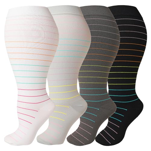 CUBlEX 4 Pairs Plus Size Compression Socks Unisex 20-30mmHg Knee high XXL- XXXXL for Woman & Man
