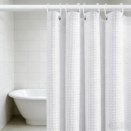 MospdyGear Water and Mould Proof Shower Curtain White Waffle Weave Machine Washable 180x180cm with Hooks Easy Clean Bathroom Decor