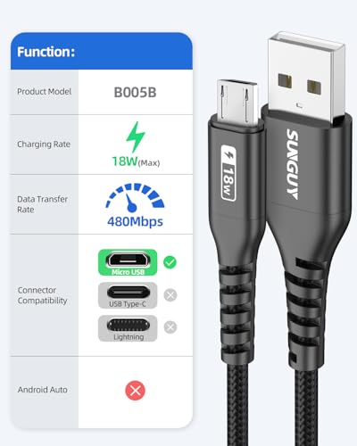 Image of SUNGUY 6 inch Short Micro USB Cable 3Pack, 0.5FT USB to Micro USB Cable Nylon Braided Fast Charging USB 2.0 Data Transfer Cord for Samsung Galaxy S7 Edge S6, Power Bank, Android Phone, PS4, Black