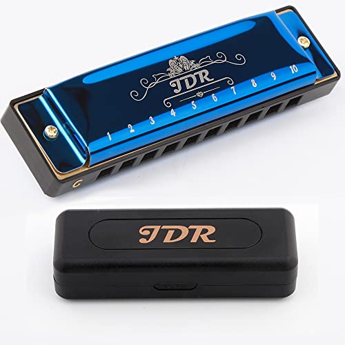Jdr KEY OF C 10 Hole 20 Tone With Case Mouth Organ Standard Diatonic For Kids Beginner Adults Professional Teacher Parents Students Jazz New Year Blue cover