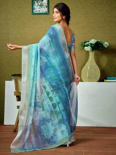 Image of SIRIL Women's Linen Digital Printed Saree With Unstitched Blouse Piece