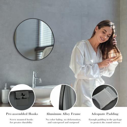Image of NEWBULIG 20 Inch Round Wall Mirror, Bathroom Mirrors for Over Sink, Matte Metal Framed Circle Vanity Mirror, Wall Decor for Bedroom, Anti-Rust, Tempered Glass, Hanging or Leaning, Classic Black