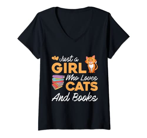 Mujer Just a Girl Who Loves Cat and Libros Gatos Gatito Lectura de regalos Camiseta Cuello V
