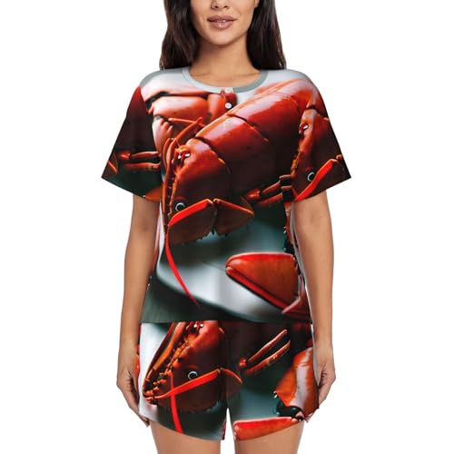 Pyjama doux imprimé homard pour femmes ensemble deux pièces respirant à col rond