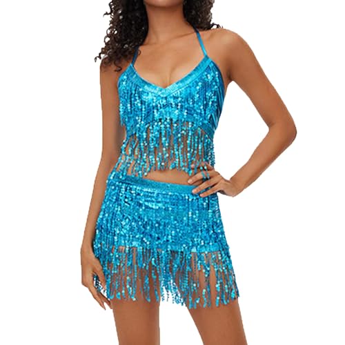 Latin Dance Outfits 2 Piezas Ropa de Baile de Rendimiento para Mujeres Lentejuelas Cortas con Brillo Conjunto De Falda con Flecos