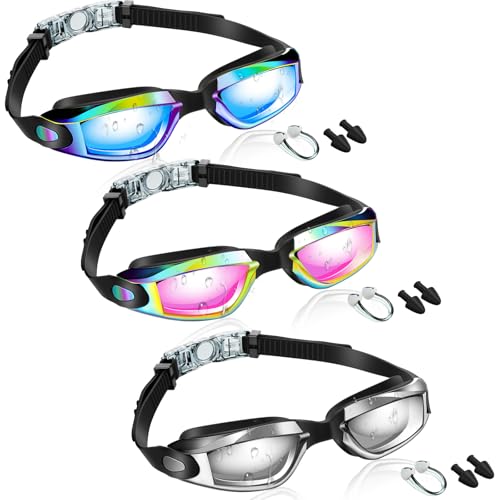 Flutesan 3 Pack Swimming Goggles for Adult Kids No Leaking Silicone Anti Fog Swim Glasses with Nose Clip Ear Plugs Pool Goggles 3 Colors(Stylish Color 6.3 x 1.8 Inches)